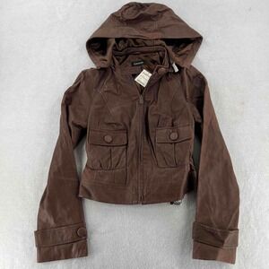 NWT Bebe Women's Leather Jacket Hoodie Brown Full Zip Size Medium